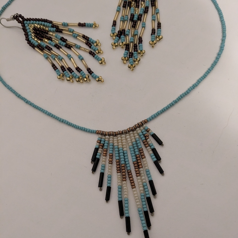 Beaded Fringe Necklace and Earring Set